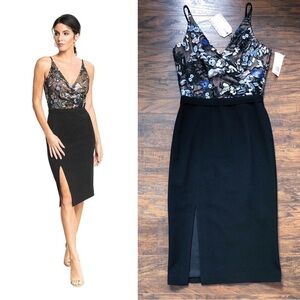 Dress The Population • Giulia Floral Lace Wrap Dress black silver sequin sheath